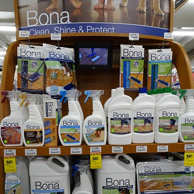 Display of all Bona cleaning/polishing products for floors